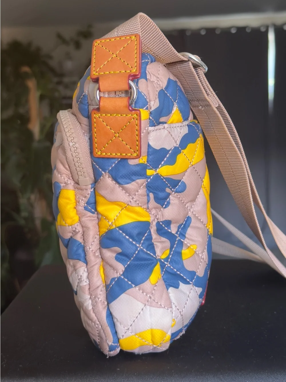 MZ Wallace Metro Crossbody Bag Spring Camo Quilted Nylon Yellow Blue Phone Pouch